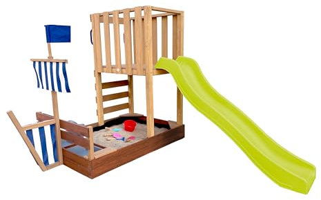 AXI Vicky Torre gioco per bambini in legno, scivolo giallo | Casetta da gioco per giardino/sabbiera, cucina da gioco e lavagna | Giochi in legno da esterno