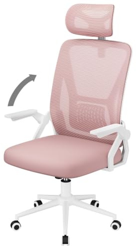 naspaluro Silla de Oficina, Silla de Oficina Ergonómica con Brazos Abatibles 90°, Soporte Lumbar de Diseño Exclusivo, Reposacabezas Ajustable, Tapicería de Malla Transpirable Escritorio, Rosa