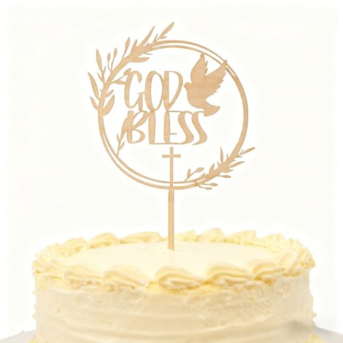 HSC 1 Pack christening cake topper baptism cake topper Light Wood Holy Christening Cross Dove Decoration for Baptism First Communion Christening Cake Topper Wooden No Assembly