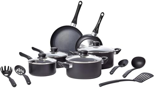 Amazon Basics Ceramic Non-Stick Cookware 15-Piece Set, Pots, Pans and Utensils, Black