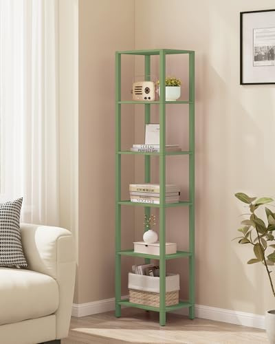 TUTOTAK Bookshelf, 6-Tier Tall Narrow Book Shelf for Small Space | 10.7 x 14.5 x 65.3 Inches Skinny Display Shelf with Storage for Living Room, Office, Study, Entryway, Olive Green BS01BOG006