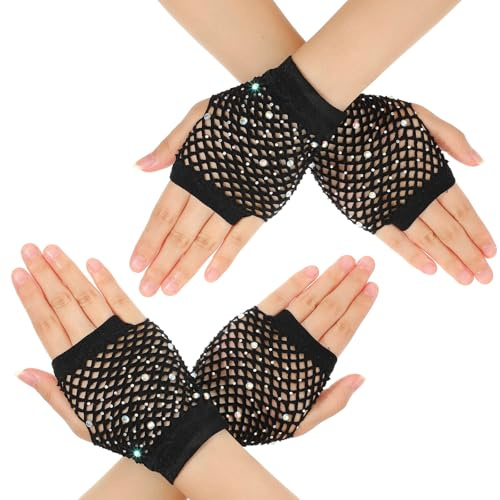 Lusofie 2 Pairs Short Kids Fishnet Gloves Fingerless with Rhinestone for Women girls Fingerless Gloves for 80s 90s Halloween Party(Black)