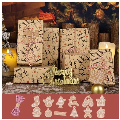 Weihnachtsgeschenkpapier Rolle 43x1500cm, Recycelbares Kraft Geschenkpapier Weihnachten mit Band, Weihnachtsgeschenkanhänger, Vintage (C-Elch Hirsch)