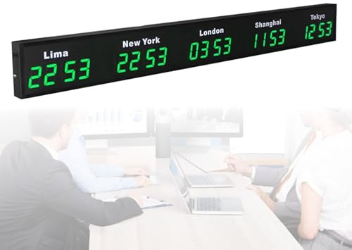 Hydravex Grande Orologio Mondiale Digitale a LED, Orologio Mondiale con Fuso orario 3/4/5 Montato a Parete, Hotel, multinazionale, 12/24 Ore Green-5City