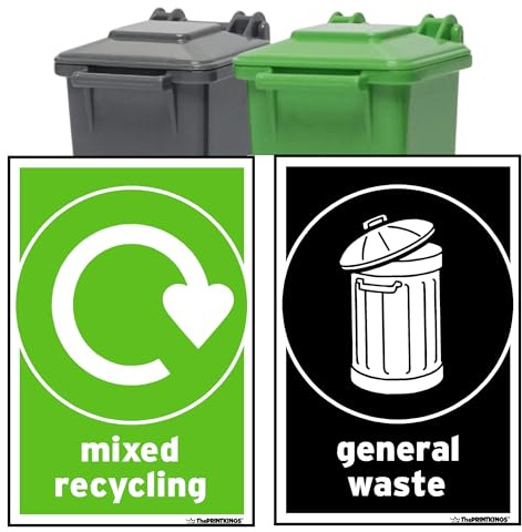Recycling Bin Signs self adhesive for Bins 12x pack - 2 Design, 150mm x 100mm, Vinyl Stickers, Waterproof Decals, Indoor Outdoor General Waste Signs – Mixed Waste, Made in UK.
