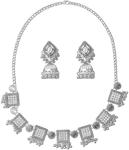 IMINI Ensemble boucles d'oreilles et collier ras du cou Jhumki plaqué argent rectangulaire pour femme – Bijoux traditionnels indiens vintage pour fête de mariage, design Bollywood antique avec pompon