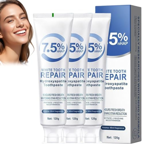 Hydroxylapatit Zahnpasta, ohne Fluorid für Zahnaufhellung & Zahnschmelzreparatur – Sanfte Zahnpolierpaste gegen Empfindlichkeit für weisse Zähne, Frischer Atem, Hydroxyapatite Toothpaste, 3er Pack