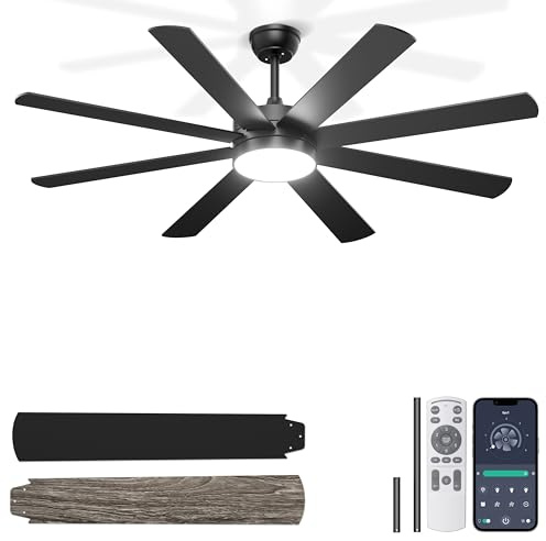Ohniyou 152,4 cm Deckenventilator mit Beleuchtung, Deckenventilator mit Fernbedienung/APP-Steuerung, Dimmbar, Leiser Gleichstrommotor, große Deckenventilatoren für den Innen-und Außenbereich, Schwarz