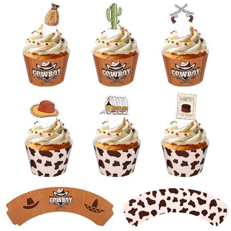 24pcs Western Cowboy Caissettes Cupcakes avec 24pcs Décorations, Style Vintage Deco Gateau Cowboy pour Pâtisserie Maison ou Desserts de Fête Fournitures