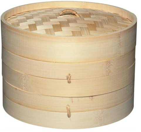 Everypan Bamboo Steamer Basket 20cm, 2 Tier Stackable Steamer for Dumplings, Dim Sum, Bao Buns, Vegetables, Meat, Fish & Seafood