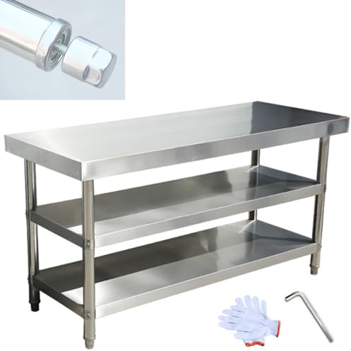 Tavolo da cucina resistente in acciaio inox per uso alimentare, ristorante e casa, con ripiano inferiore e gambe zincate, resistente postazione di lavoro per cucina, colore del terzo piano