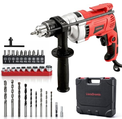 LiunxDromic Hammer Drill 1/2-Inch 910W Power Drill 0-3000RPM with 38 Accessories Electric Hammer with 360° Rotary Handle Variable Speed Corded Hammer Drill Carring Case (38 Accessories)