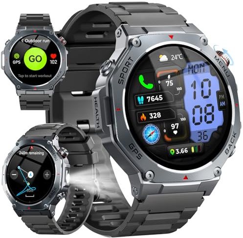 Militaire Montre Connectée Homme GPS, 1.43 AMOLED Smartwatch avec Appel Bluetooth, Étanche 5ATM, Montre Sport avec Podometre/Cardiofrequencemetre/Sommeil, 160+ Sportifs, Smart Watch pour Android IOS
