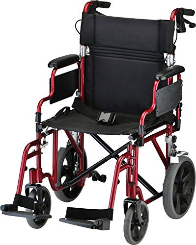 NOVA Lightweight Transport Chair with Locking Hand Brakes, 12 Rear Wheels, Removable & Flip Up Arms for Easy Transfer, Anti-Tippers Included, Color Red