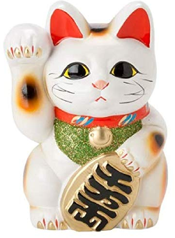 Glückskatze, Maneki Neko mit gehobener rechten Pfote, aus Tokoname-Porzellan, Weiß, 19 cm, hergestellt in Japan