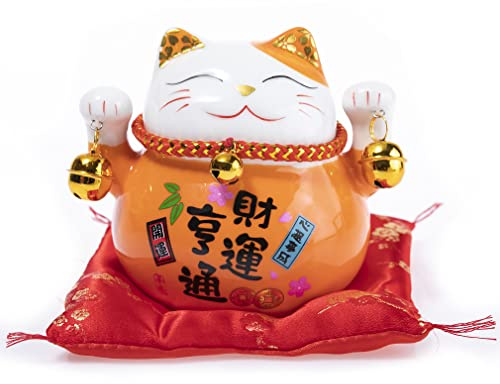 lachineuse – Maneki-Neko-Katzenfigur – Japanischer Glücksbringer | Asiatische Traditionen – Orange – Porzellan – 10,5x11,5x10 cm – Schutz, Glück und Freude - Japanische/asiatische Deko-Idee