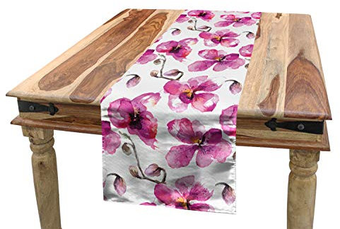 ABAKUHAUS Aquarelle Chemin de Table, Orchidées Feng Shui, Rectangulaire Décoratif pour Salle à Manger, 40 cm x 225 cm, Orange Clair Fuchsia Cacao