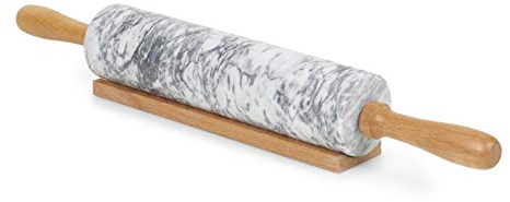 Homiu Marble Rolling Pin for Baking with Wooden Stand Easy Clean Hard-Wearing Speckle Finish Non-Stick (White)