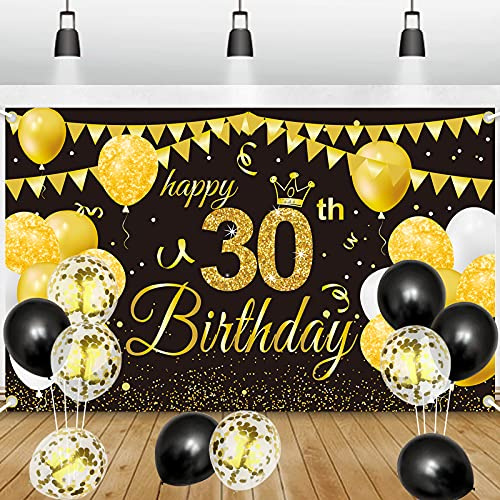 30.Geburtstagsfeier Deko Banner Hintergrund,GRESATEK Schwarz Gold Geburtstagsdeko Happy Birthday Banner Party Dekorationen für Frauen Mann 30. Geburtstag