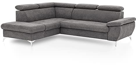 Mivano Eckcouch Gisele / Ecksofa mit Schlaffunktion, Stauraum, Armteilfunktion und Kopfteilverstellung / 256 x 83 x 209 / Velours, Dunkelgrau