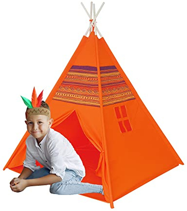 Sport One Deluxe Indianer Zelt für Kinder, Maße 120 x 120 x 150 cm, faltbares Zelt mit Holzstangen, Kinder, Orange, einzigartig