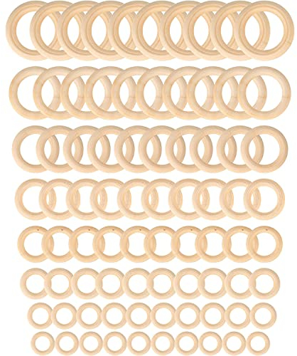 Ewwtrey 80 anelli in legno, cerchi in legno naturale, anelli in macramé lisci non finiti per la fabbricazione di gioielli, artigianato, pendente(2/2,5/3/3,5/4/4,5/5/5,5 cm)