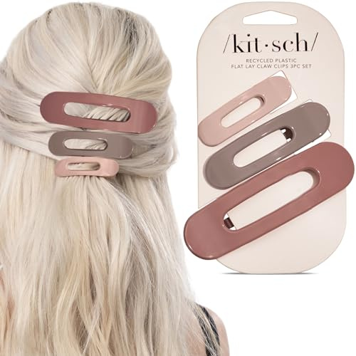 Kitsch Flat Claw Clips for Women - Strong Grip, Comfortable Design | Durable Plastic, Glossy Finish | Lay Down Claw Clip | For All Hair Types | Ideal Gifts for Women - Terracotta, 3pcs