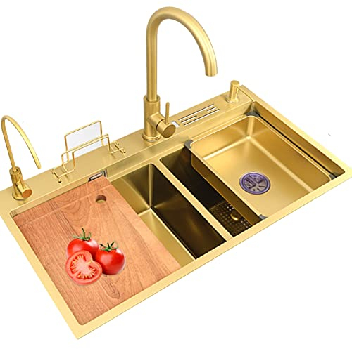 CHEMYO Goldenes Edelstahl-Spülbecken, großes Küchenspülbecken, großes Doppelspülbecken, goldenes Küchenspülbecken mit Messerhalter, inklusive Zubehör (Color : Gold, Size : 78x46cm)