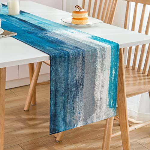 MAIXUN Tischläufer Frühling Teal und Grau Leinen 40x140cm Modern Ölgemälde Abstrakte Kunst Tischläufer Dekoratives Tuch Für Home Decor, Room Decor, Frühling Sommer party deko, Ostern,Hochzeiten,Urlaub