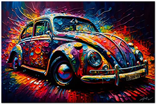 Printonia Leinwand-bild 120x80cm Volkswagen VW Käfer Oldtimer Abstrakt Grafik Art Automobil Bilder Deko Dekoration Wandbild Kunstdruck