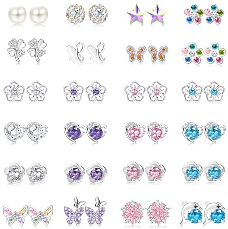 LOLIAS 24 Paar 925 Sterling silber Ohrstecker Set für Damen Mädchen Zirkonia Ohrring Perle Kristall rundes Herz CZ Blume Schmetterling Ohrstecker Schmuck