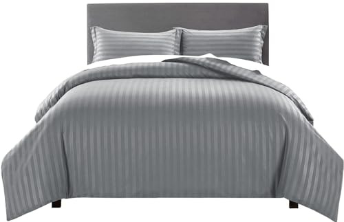 Yorkshire Bedding King Size Duvet Cover Sets Stripes Satin Hotel Quality Bedding Set with Pillowcases Soft Microfiber Duvet Covers (Grey 230x220 Cm)