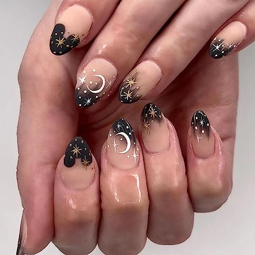 Cubahop 24 Stück Mandel-Halloween-Nägel, volle Abdeckung, Dämonen-Schlange, Glitzerpuder, Sternenhimmel, künstliche Nägel, Farbverlauf, zum Aufkleben für Frauen und Mädchen (Schwarz3)