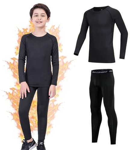 Gavena Kids Thermal Base Layer Sets Boys Football Skins Youths Compression Set Winter Under Football Kit for Children(10-11 Year,Black)