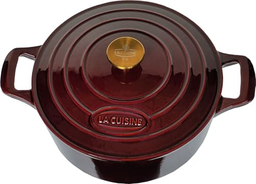 La Cuisine Gusseisen topf 28cm 6.5 L Bräter/Cocotte Schmortöpfe Auflaufform aus emaillierte Mattschwarze Innenseite vergoldeter SS-Deckelgriff, Cranberry, ofenfest Induktion