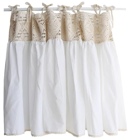Shabby Chic Scheibengardine, Kurze Bistrogardine, Weißer Baumwollstoff und Gehäkelte Beige Blumenspitze mit Bindeband, Boho Kurzgardine, für Wohnzimmer, Café, Heimdekoration (Color : Beige, Size : W
