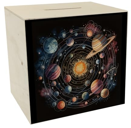 Sonnensystem Spardose aus Holz Astronomische Weltraum-Spardose aus Holz Planeten im Orbit Sonne Sterne Kosmos Liebhaber