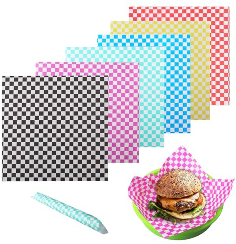 Tefola 300pcs Greaseproof Sandwich Wrappers 30x30cm, Waterproof Wax Paper Sheets for Burgers, Fries, Food Baskets, 6 Colours Checkered Design