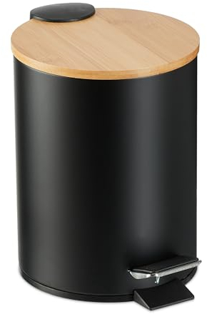 Relaxdays 3 L Pattumiera Bagno a Pedale, Cestino Cosmetici con Cesto Interno Rimovibile, Bidone in Ferro e bambù, Nero