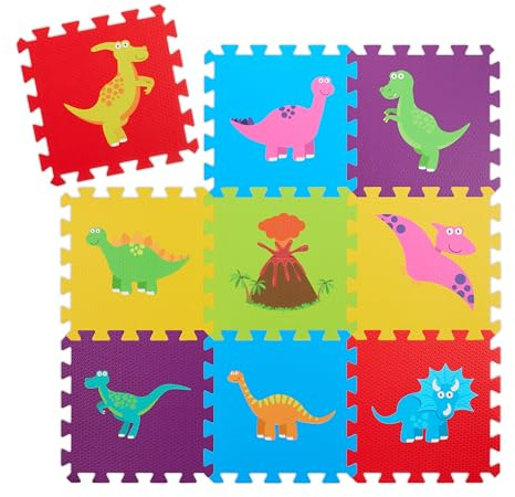 Relaxdays Pusselmatta, spelmatta 3 x 3, dinosaurier, Gateo-matta, skumgummi utan BPA, flerfärgad, 86 x 86 cm