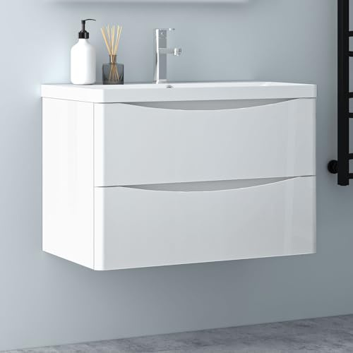 Biubiubath Hochglanz Weiß Badezimmerschrank 80cm Mineralgusswaschbecken mit Unterschrank Badmöbel-Set 2 Soft-Close Schubladen Hängend