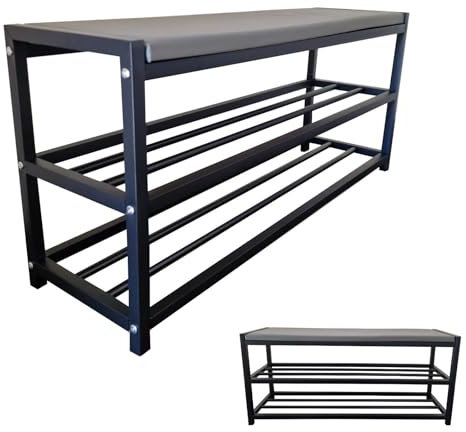 MAKA Scarpiera Salvaspazio Slim, in Metallo Nera, Scarpiera Ingresso, Organizer Scarpe Diverse Misure, Scaffali Portascarpe, Panca con Seduta (60 cm + panca)