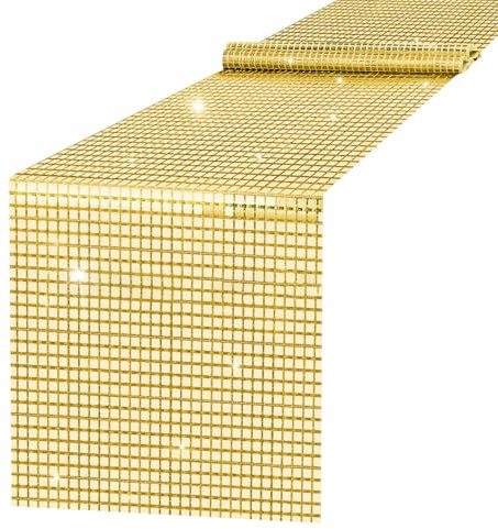 Disco Party Tischläufer, 30x275cm Discokugel Tischdecke, Gold Glitter Table Runner, Disco Party deko, 70er 80er Jahre Disco Thema deko, Tischläufer für Geburtstag Tanzparty Hochzeit Tischdeko(Golden)
