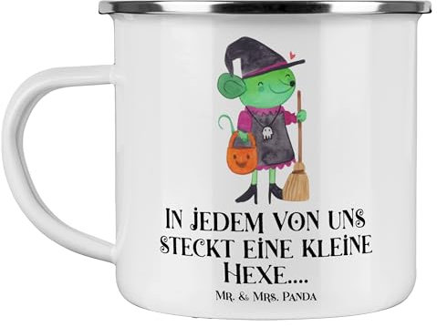 Mr. & Mrs. Panda Camping Emaille Tasse Halloween Hexe - Geschenk, Magie, Edelstahl Trinkbecher, kleine Hexe, Gruselparty, Halloween-Zeit, Emaille