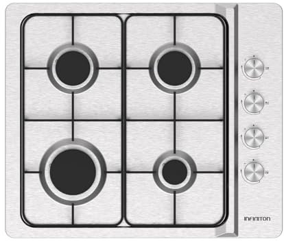 INFINITON Placa de Gas GAS4BNAI, 4 Fuegos, Ancho de 60 cm, Quemadores desmontables, Apagado automático, olocación lateral de los mandos, Superficie de cocción de acero inoxidable