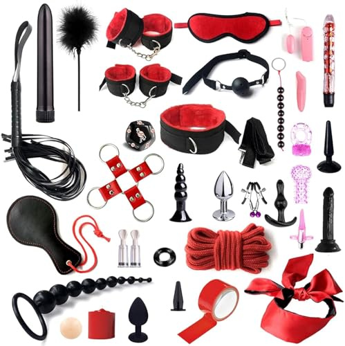 BDSM Sex Bondage Set 35 Stück Sexspielzeug Fetisch Leder für Paare Extrem Sex Fessel Set Handschellen Peitsche Nippelklemmen Knebel Analplug Set für Anfänger und Erfahrene Paare (Red)