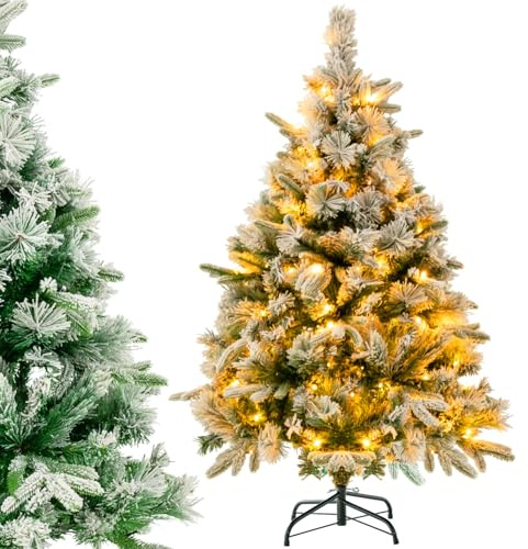LIFEZEAL Albero di Natale con Luci Incorporate, 136 cm, con 150 Luci LED, Bianco Caldo, 384 Punte di Ramo Miste e Aghi di Pino, Christmas Tree per Casa e Negozio