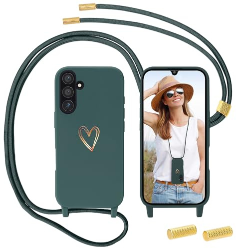 Anfire Handyband für Samsung Galaxy S24 FE Hülle mit Band, MoEvn Necklace Handyhülle mit Kordel für zum Umhängen Herz Muster Silikon Case Stoßfeste Schutzhülle mit Abnehmbar Kette für S24 FE 5G, Grün