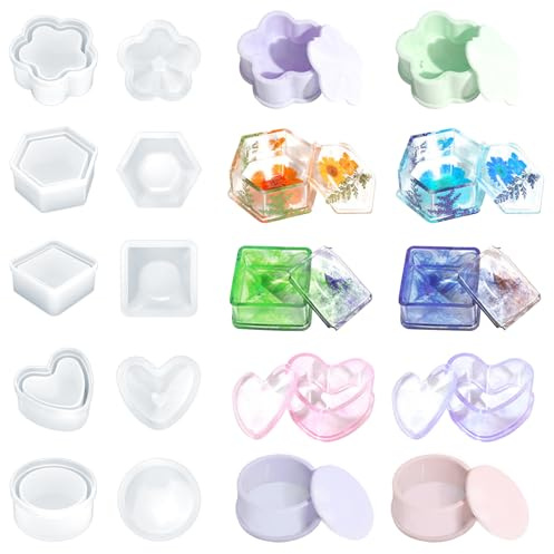 Lot de 5 moules en résine époxy en silicone pour boîte à bijoux - Moules en silicone pour boîte à bijoux - Moules en résine - Avec hexagone, rond, carré, cœur, fleur pour boîte de rangement, bougie