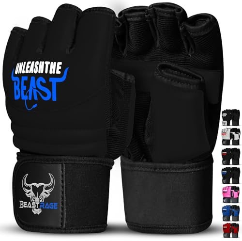 BEAST RAGE Punch Bag Taekwondo Karate handskar för män och kvinnor, Halvfinger MMA Kickboxning Sparring Kampsport Boxning Träningshandskar - Lättviktsträning, Muay Thai (Svart/Blå, 2XL)